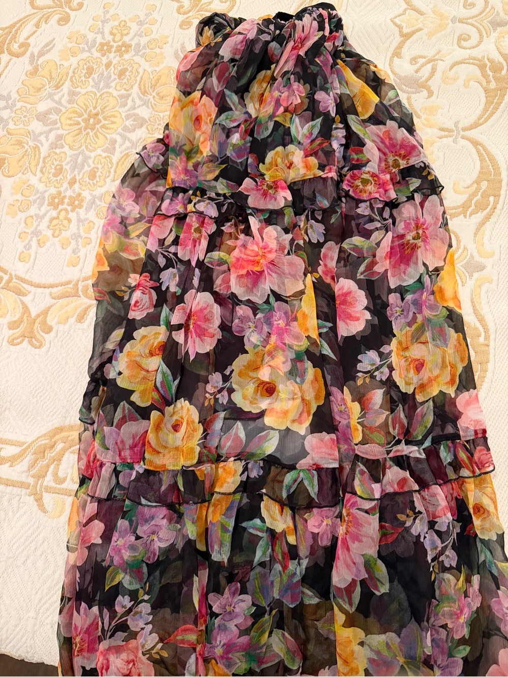 Jade Black Floral Maxi Skirt with Pink and Yellow Blooms